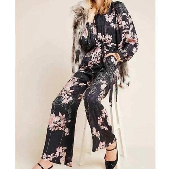 Anthropologie Harlyn Audria Black Multicolour Floral Jumpsuit Size L - Picture 1 of 7